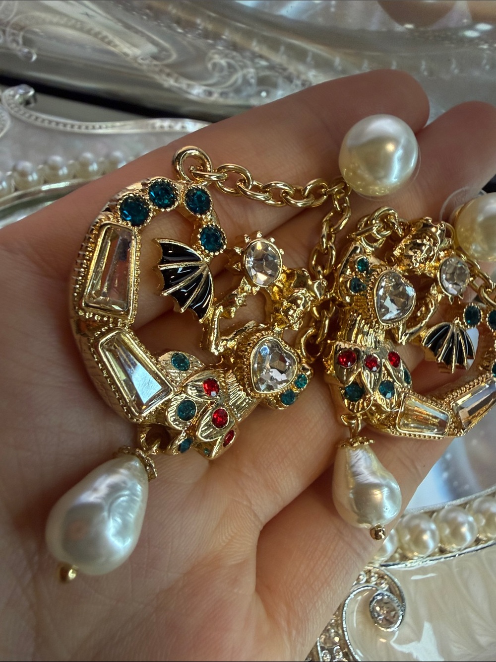 Gold-tone Pearl Drop Mermaid Shape Statement Earrings with Multicolor Accents - Picture 8 of 9